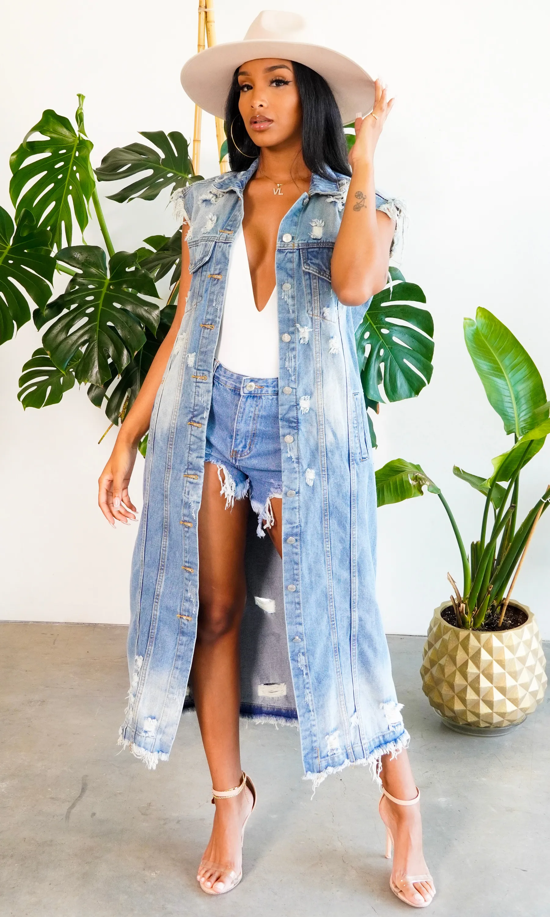 She's a Fashionista | Distressed Denim Long Vest Preorder ships Early February