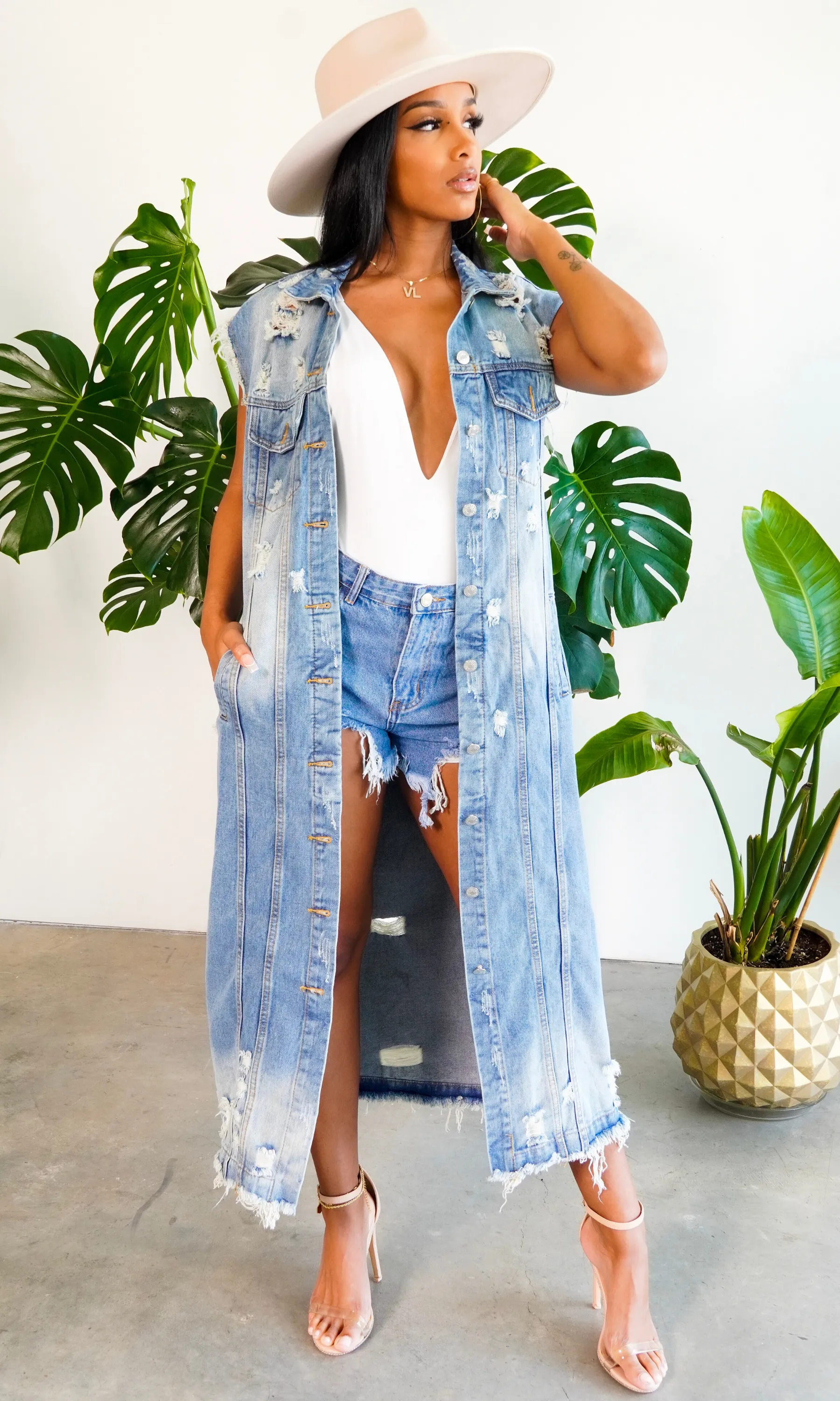 She's a Fashionista | Distressed Denim Long Vest Preorder ships Early February