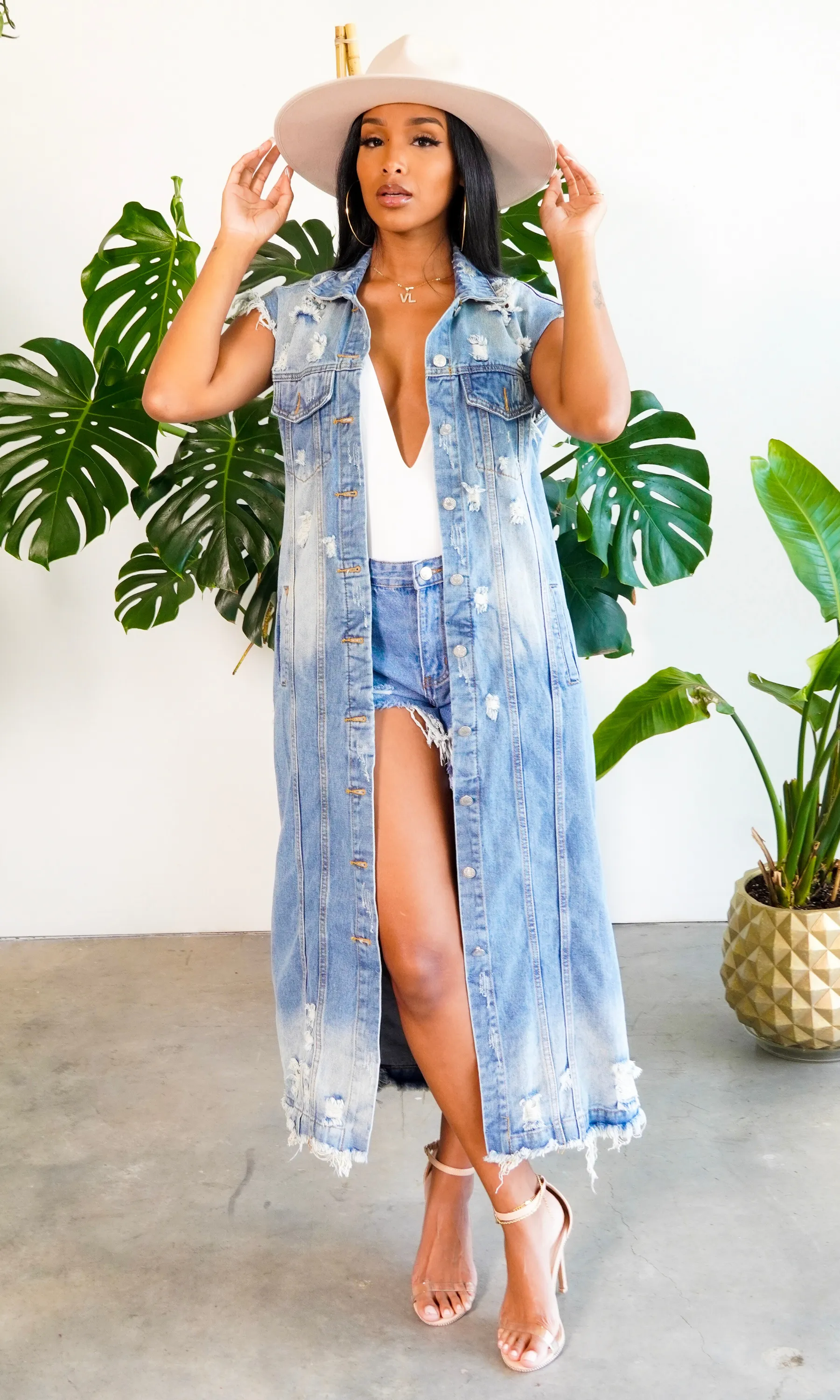 She's a Fashionista | Distressed Denim Long Vest Preorder ships Early February