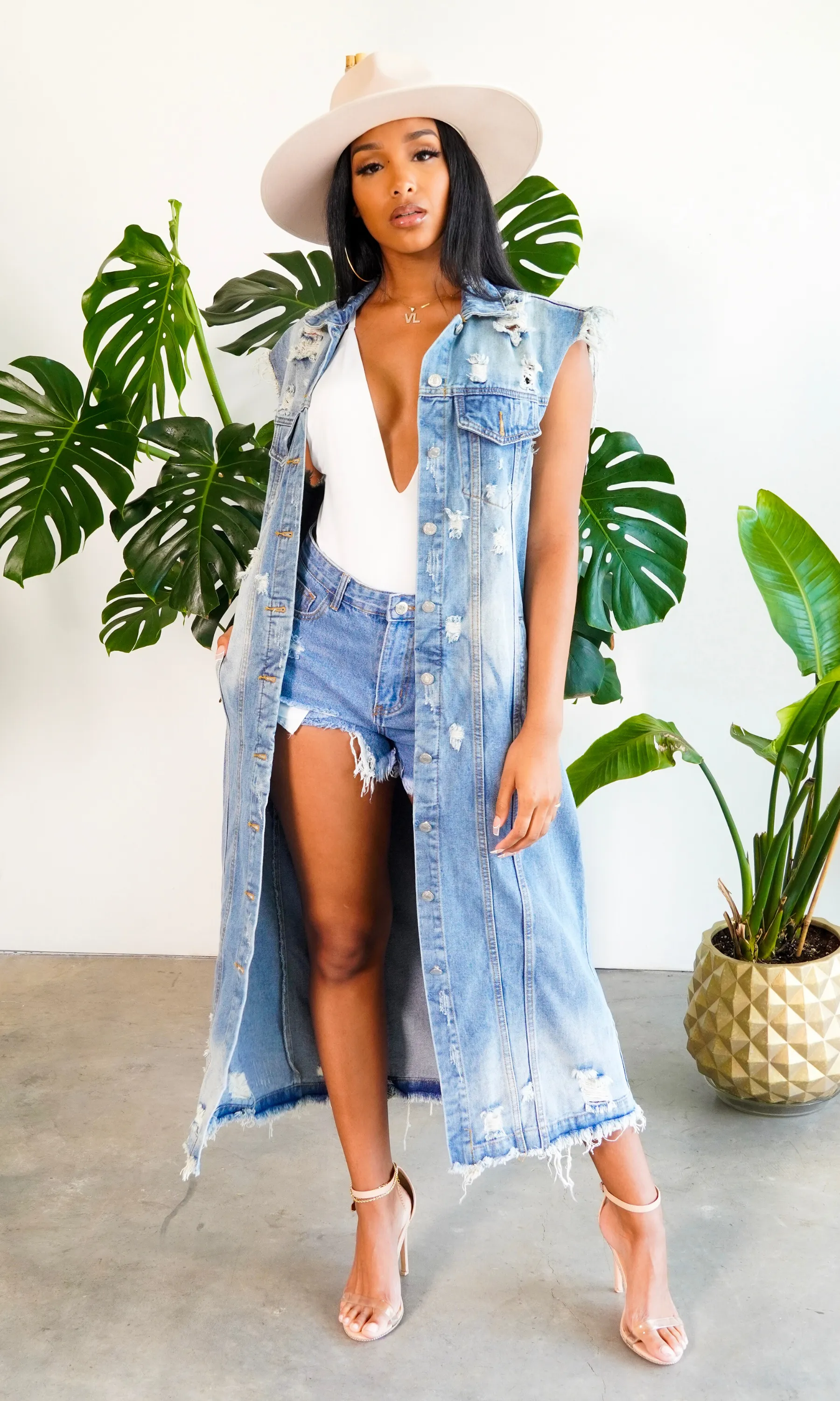 She's a Fashionista | Distressed Denim Long Vest Preorder ships Early February