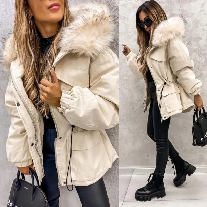 Tan Parka Coat with Faux Fur Collar and Belted Waist