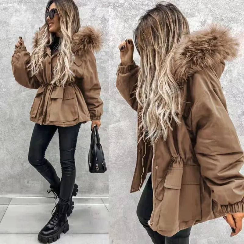 Tan Parka Coat with Faux Fur Collar and Belted Waist