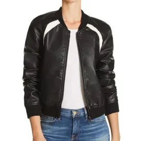 Women's Black Leather Bomber Jacket with Baseball Collar