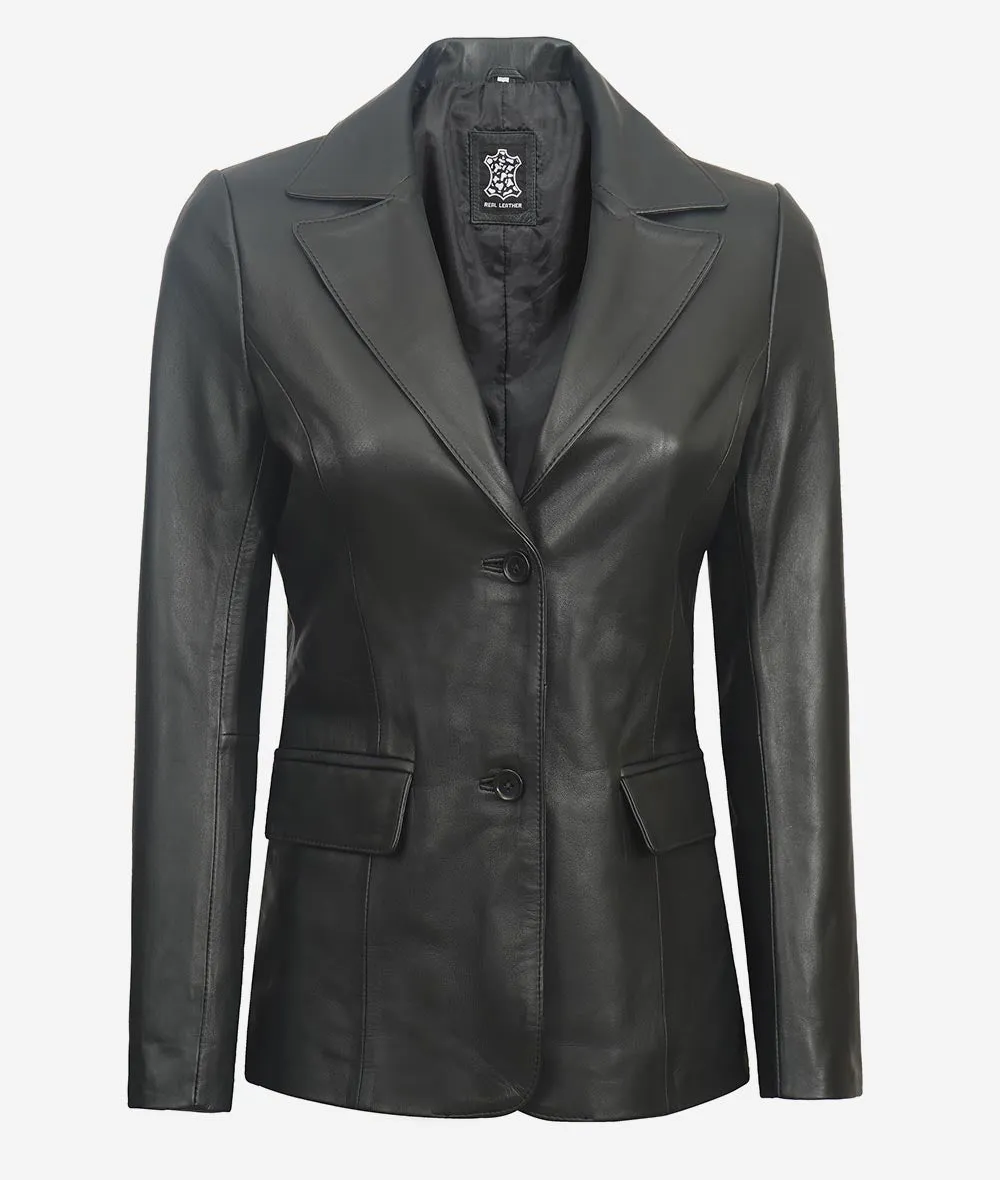 Womens Black Two Button Leather Blazer