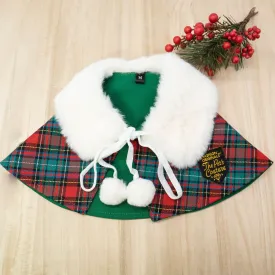 Xmas Cape - White Faux Fur Collar Trench Coat in Red Green Tartan