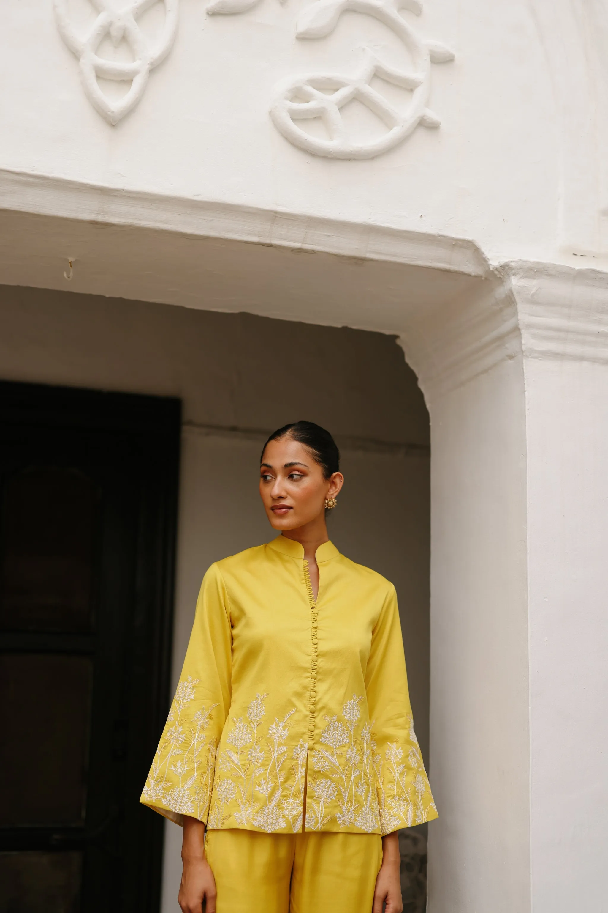 Yellow Embroidered Coat with Wide Pants